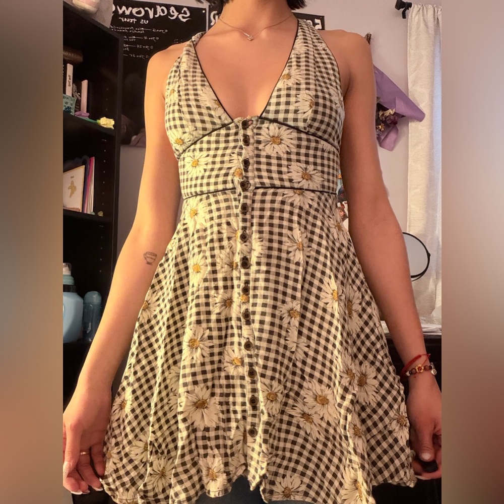 Gingham Floral Button-Down Dress